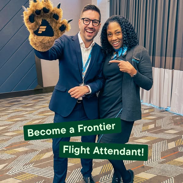 This image ad features two smiling individuals, one holding a large bear paw with the Frontier Airlines logo, promoting 