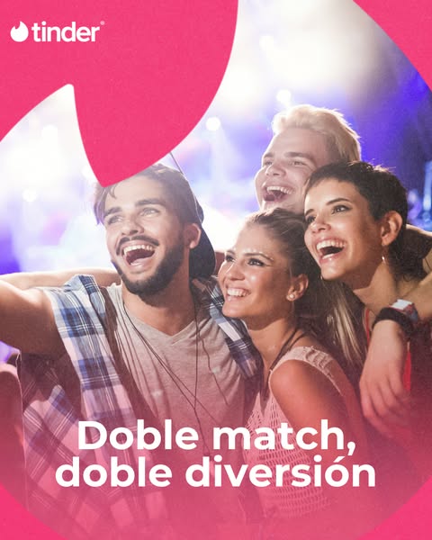 This image ad for Tinder features a group of four young adults laughing and looking up, suggesting the app can lead to f
