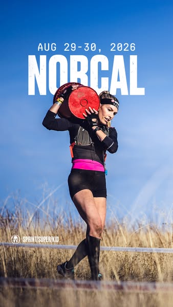 This ad promotes the upcoming 2026 Spartan Sprint/Super/Kid NORCAL event taking place August 29-30. The image features a