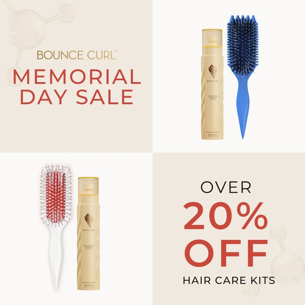 This square image ad showcases the Bounce Curl brand and announces a Memorial Day sale, offering over 20% off hair care 