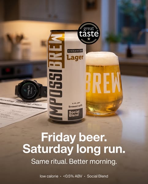 An image ad for Impossibrew, an enhanced lager with low calories and less than 0.5% ABV. The ad features the beer next t