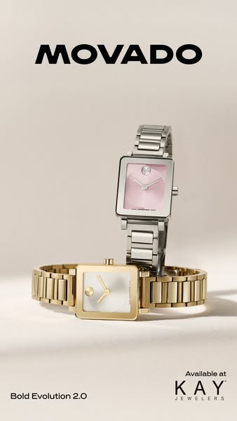 This ad for Movado watches features two watches. One has a gold band and a square face, while the other has a silver ban