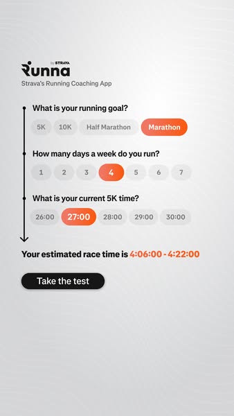 This ad features an interactive test to estimate the user's race time using the Runna app.