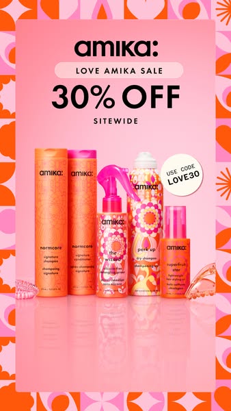 Image ad for Amika hair products promoting a sitewide 30% off sale and a special coupon code. Multiple hair products are