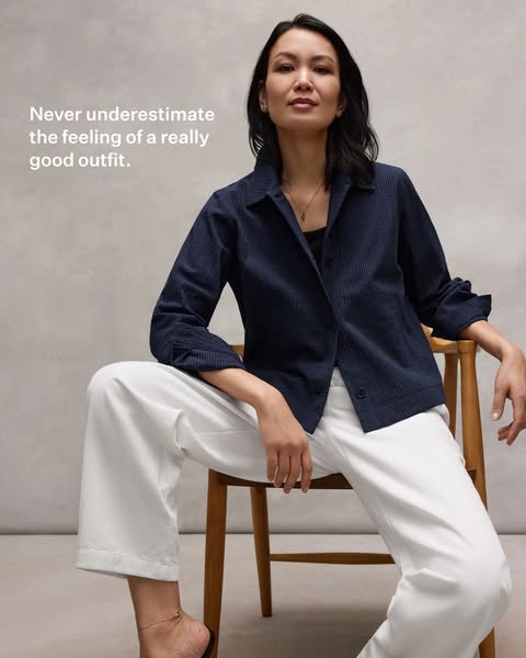 This ad showcases a woman dressed in the brand's jacket and pants, emphasizing the feeling of wearing a good outfit.