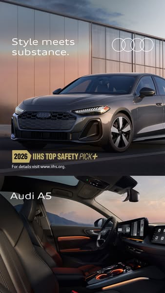 This image ad for Audi features a split view. The top half showcases the exterior of the car, highlighting its design an