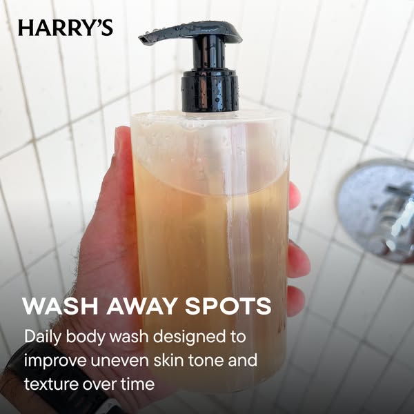 An image ad for Harry's body wash that washes away spots and improves skin tone and texture over time.