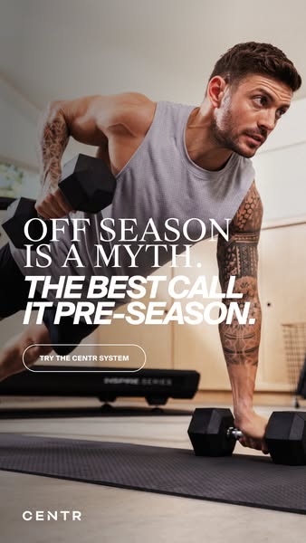 An ad for the Centr fitness system shows a man lifting weights with text that motivates viewers to think of "off se