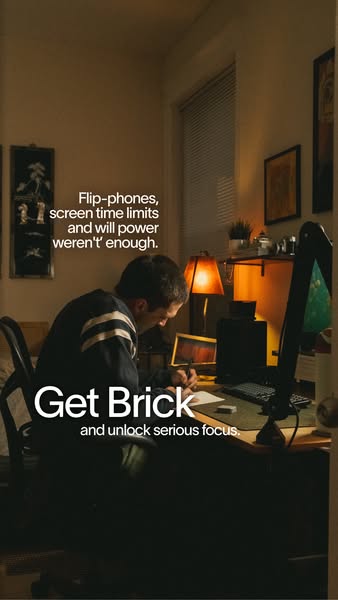This image ad is for the Brick app, which is designed to increase focus. It shows a person who is distracted by technolo