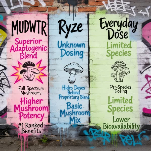 This image ad compares the ingredient quality of three brands: MUDWTR, Ryze, and Everyday Dose. It does this by showing 