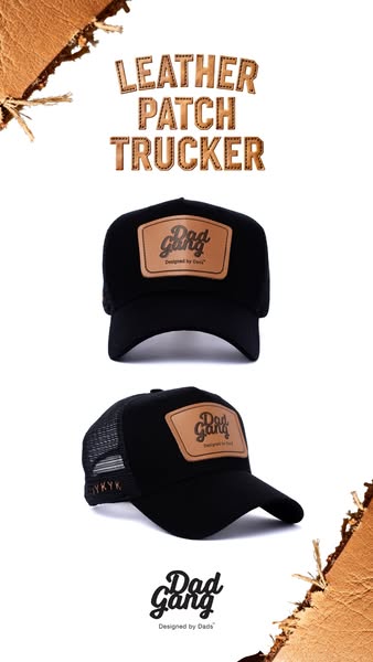 This ad features the Dad Gang Leather Patch Trucker hat, showcasing the black hat with the brand's leather patch. It