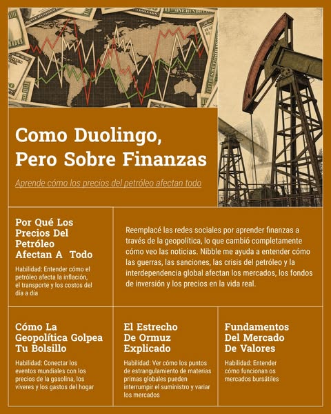 The ad promotes financial education, specifically teaching about the impact of oil prices on various aspects of life and