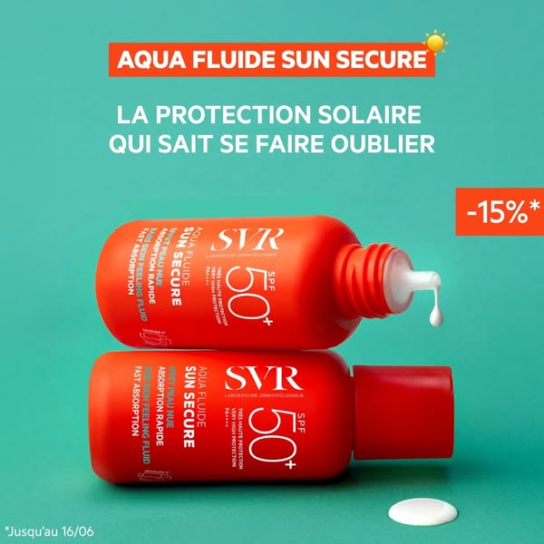 This ad for SVR Sun Secure Aqua Fluid promotes the benefits of its product. It features the orange bottle against a teal