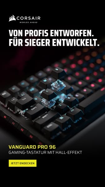 This ad showcases a Corsair Vanguard Pro 96 gaming keyboard. The ad highlights its design and hall-effect feature.