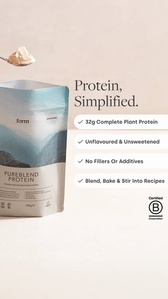 This image ad for Form promotes their Pureblend protein product. The ad highlights that it is plant-based and features n