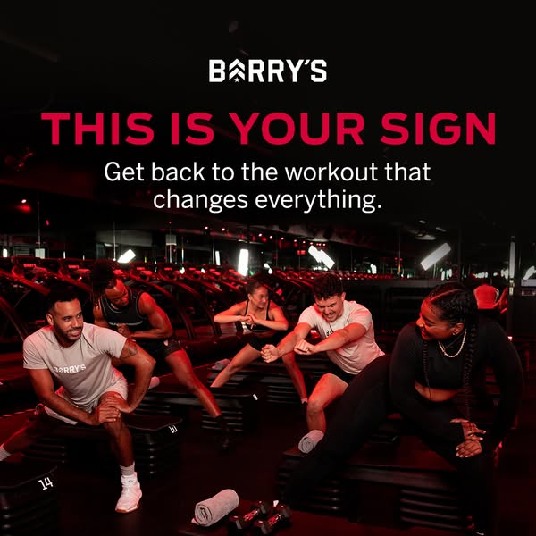 This image ad is for Barry's fitness studio. It encourages people to return to their workouts, suggesting that it is