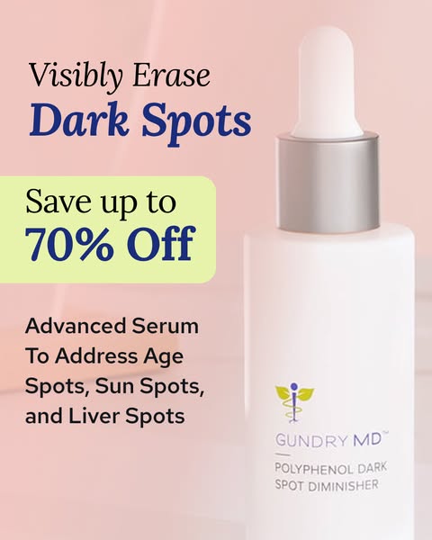 The ad features Gundry MD Polyphenol Dark Spot Diminisher, highlighting its ability to visibly erase dark spots with an 