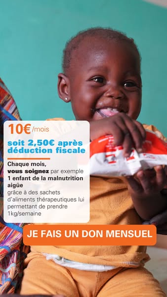 This ad shows a happy child holding a packet of food. The ad states that with 10€/month the customer can help a child wi