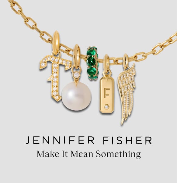 This ad showcases a gold chain necklace with various charms, including letter pendants and gemstone accents. The focus i