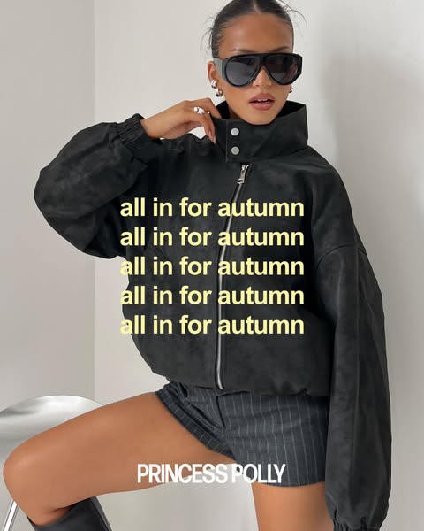 This ad features a model showcasing a black jacket from Princess Polly, suitable for autumn. The ad focuses on the jacke