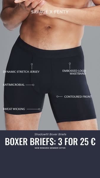 This ad showcases Savage X Fenty's Shadowfit Boxer Briefs, highlighting their features such as dynamic stretch jerse