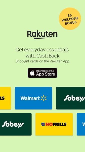 This Rakuten ad promotes the app by showcasing the ability to earn cash back on gift cards from retailers.