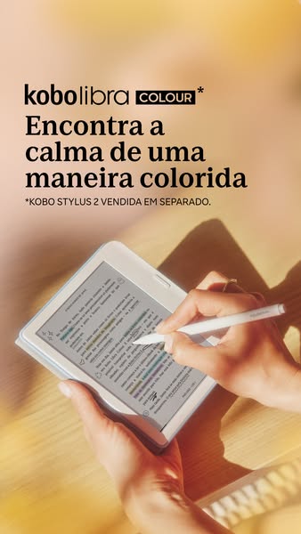 This ad features the Kobo Libra Colour e-reader in use. The visual showcases a person highlighting text on the e-reader 