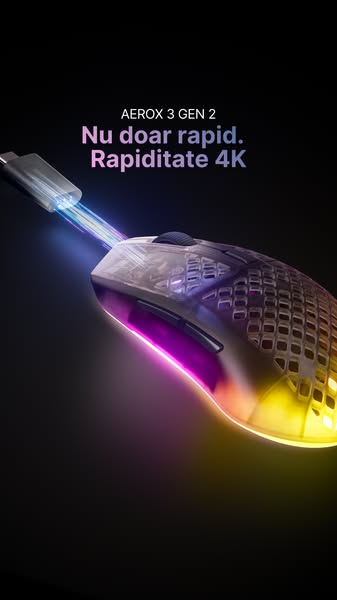 This ad showcases the AEROX 3 GEN 2 gaming mouse. The ad emphasizes the mouse's speed and its 4K capabilities.