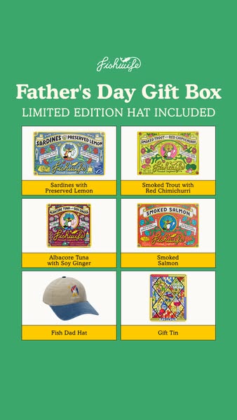 An ad for Fishwife Father's Day gift box, including 4 tins of smoked seafood plus a limited edition hat and gift tin
