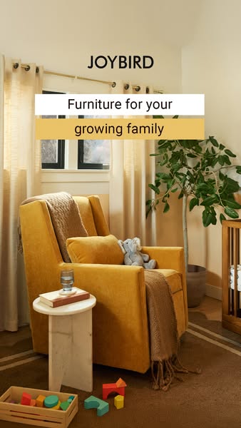 This ad features a comfortable, modern swivel glider meant for use in a nursery or children's room.