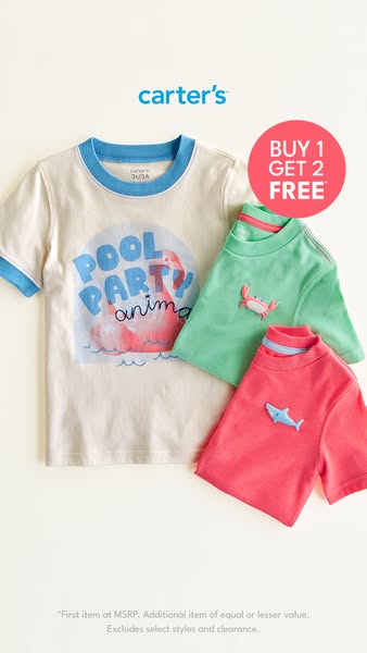 An ad for Carter's brand clothing is offering a 'Buy 1 Get 2 Free' deal on their clothing.
