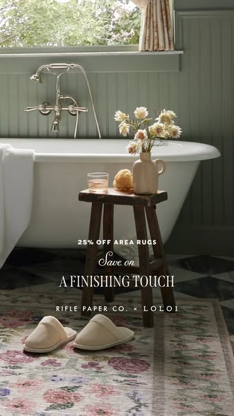 This ad promotes Rifle Paper Co. area rugs in collaboration with Loloi, offering a 25% discount. The ad features a bathr