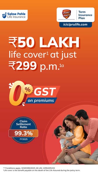 This image ad promotes ICICI Prudential Life Insurance, highlighting a life cover plan with a claim settlement ratio of 