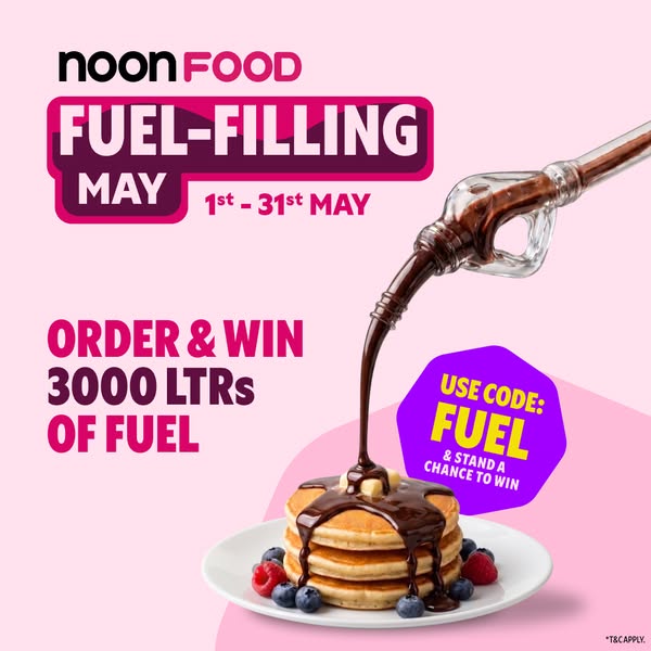 This ad promotes an offer from Noon Food to win 3000 LTRs of fuel to those who order from Noon Food and use the code FUE