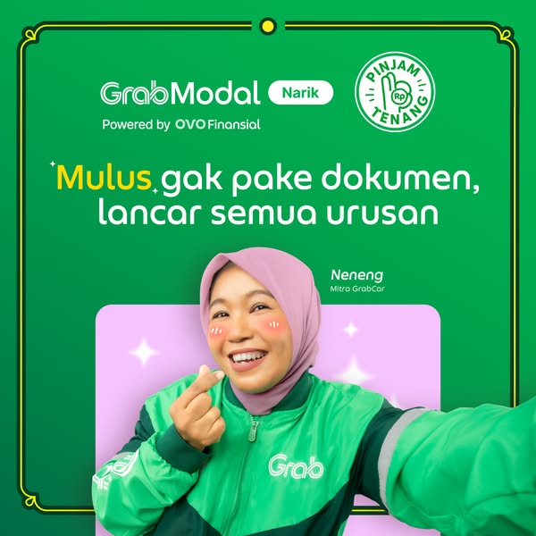 This ad promotes GrabModal, a financing service powered by OVO Finansial, through a testimonial from a GrabCar driver. T