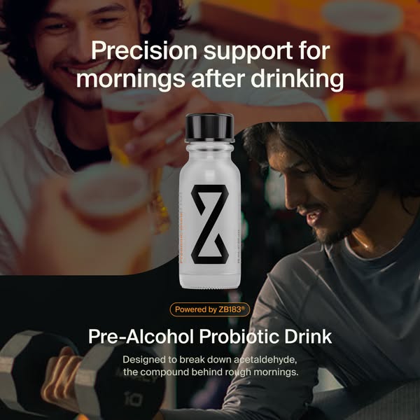 This image ad promotes a pre-alcohol probiotic drink designed to break down acetaldehyde and prevent rough mornings afte