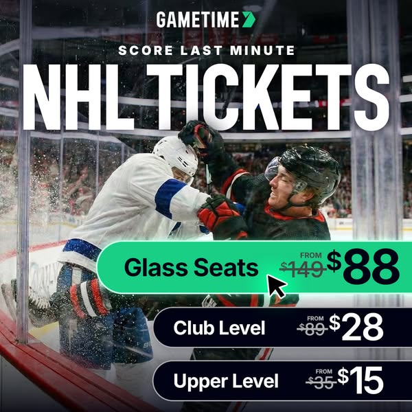 This ad promotes last minute tickets for NHL games on the Gametime app. It highlights savings on tickets for glass seats