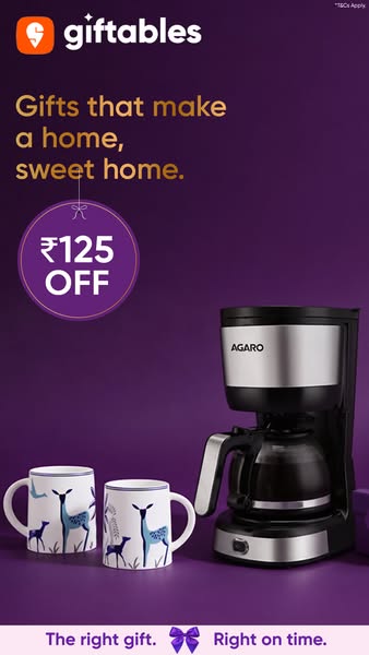 This image ad by Giftables showcases an AGARO brand coffee maker and two mugs with a deer design, emphasizing gifting fo