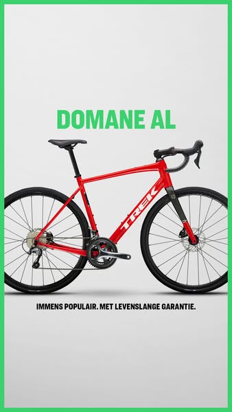 The ad showcases the Trek Domane AL road bike, highlighting its popularity and lifetime guarantee.