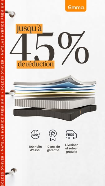 This ad for Emma mattresses features a discount of up to 45% off. The ad shows a cross section of the mattress layers an