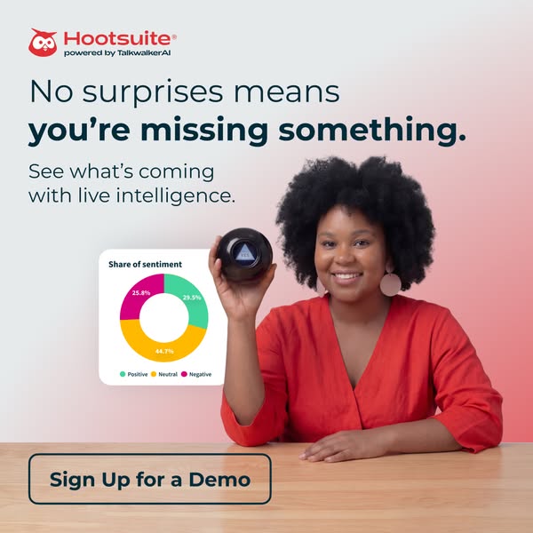 This ad uses the image of a woman holding a magic 8 ball to convey the message that without Hootsuite, businesses are mi