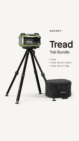 This image ad showcases the Gozney Tread Trail Bundle, which includes the Tread oven, Venture Stand, and Venture Bag. Th