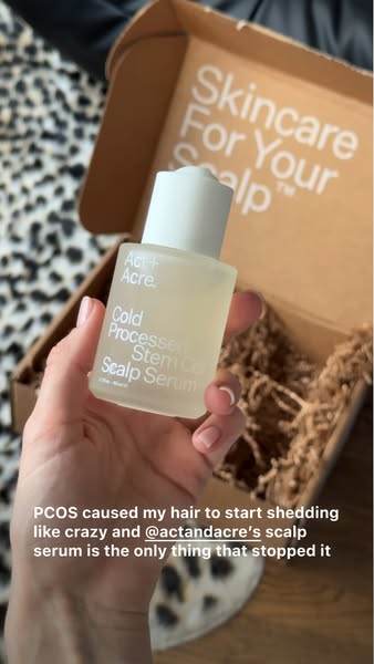 An Act+Acre ad featuring a customer testimonial about the efficacy of the brand's scalp serum. The ad copy highlight