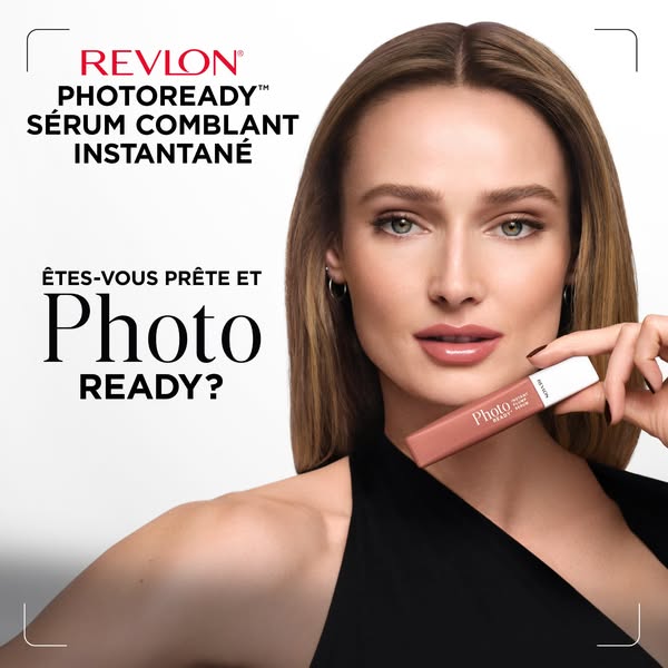 This image promotes Revlon's PhotoReady Instant Blurring Serum, highlighting its ability to make skin photo-ready. T