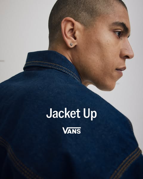 This image ad showcases Vans denim jackets worn by a young male model.