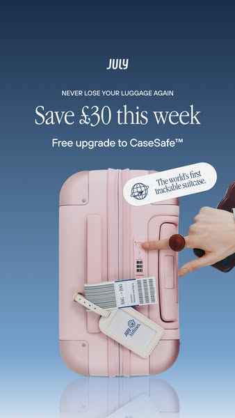 This ad promotes July suitcases and their CaseSafe technology, which allows users to track their luggage. The ad also in