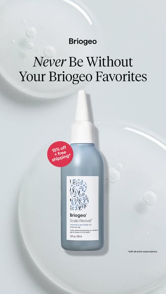 The ad features Briogeo's Scalp Revival product against a glossy, minimalist background. The offer of 15% off plus f