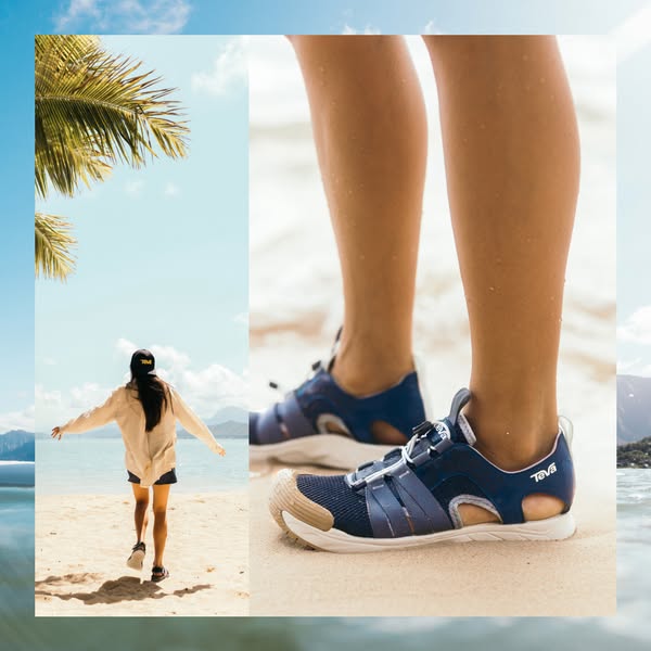 This ad uses an image to showcase the Teva sandals. The image is split into three sections, with a woman in the sandals 