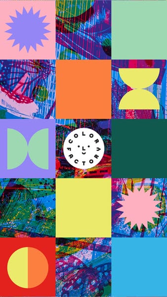 This ad utilizes a colorful and abstract design made of up blocks of images and solid colors. In the center of the desig