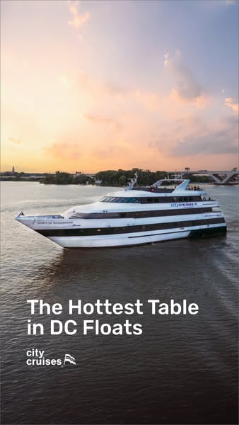 This image ad for City Cruises promotes their DC cruises by highlighting the opportunity for fine dining on the water. T